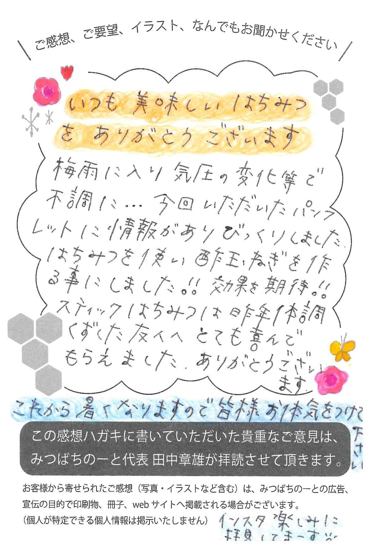 【お客様の声ハガキ】いつも美味しいはちみつをありがとうございます(千葉県O.M様)