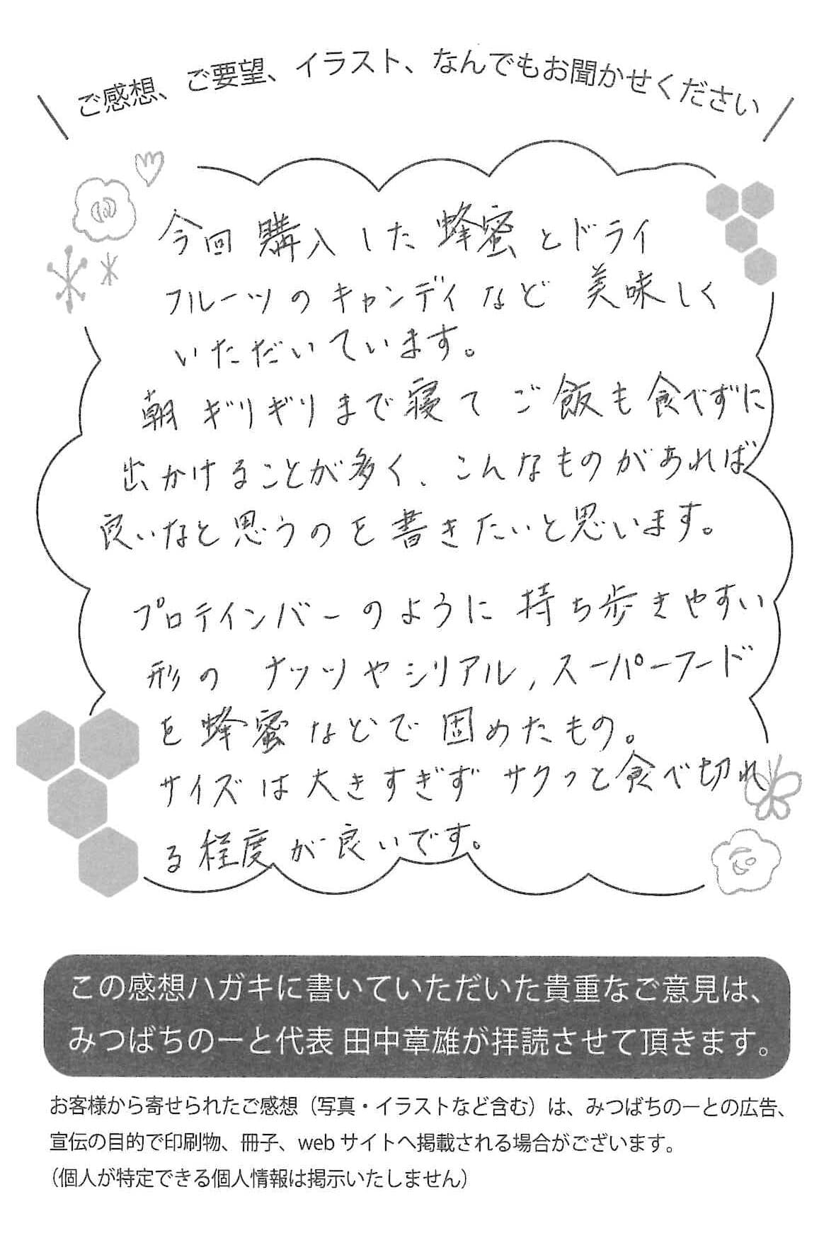 【お客様の声ハガキ】今回購入した蜂蜜とドライフルーツのキャンディなど美味しくいただいています。(東京都A.K様)