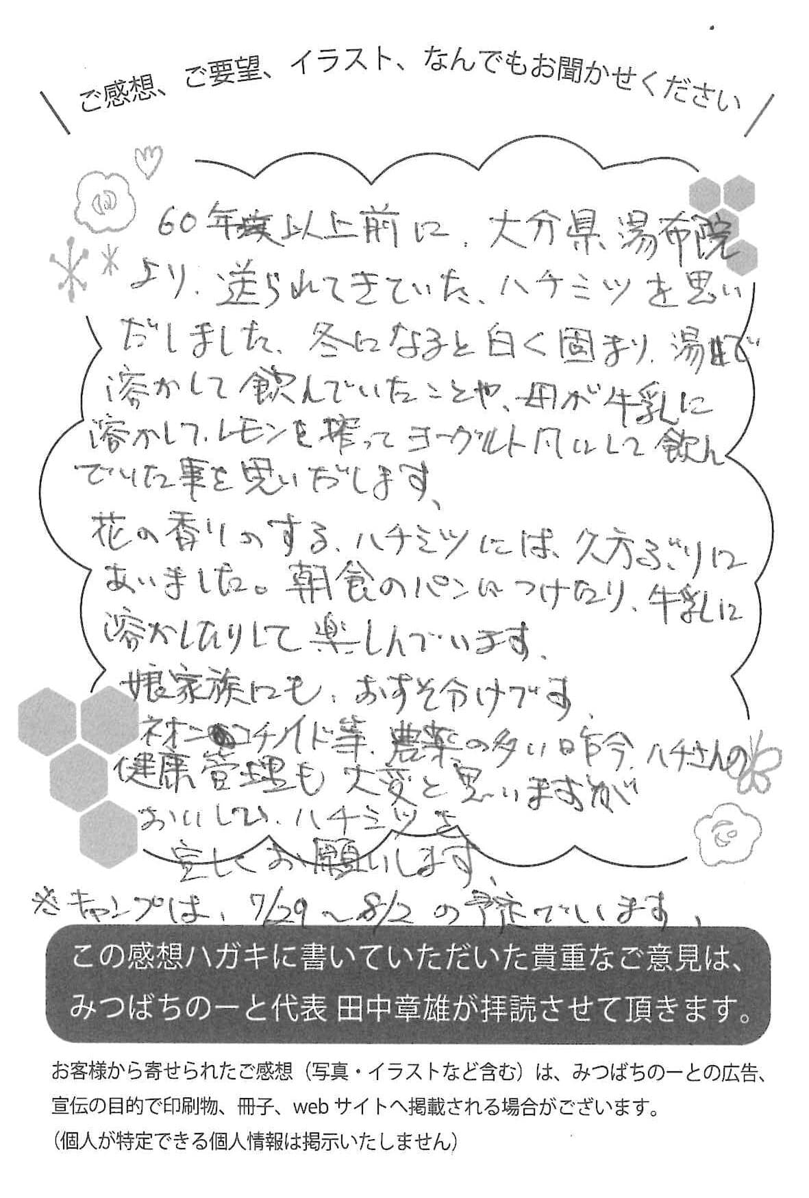 【お客様の声ハガキ】花の香りのする、ハチミツには、久方ぶりにあいました。(千葉県S.T様)