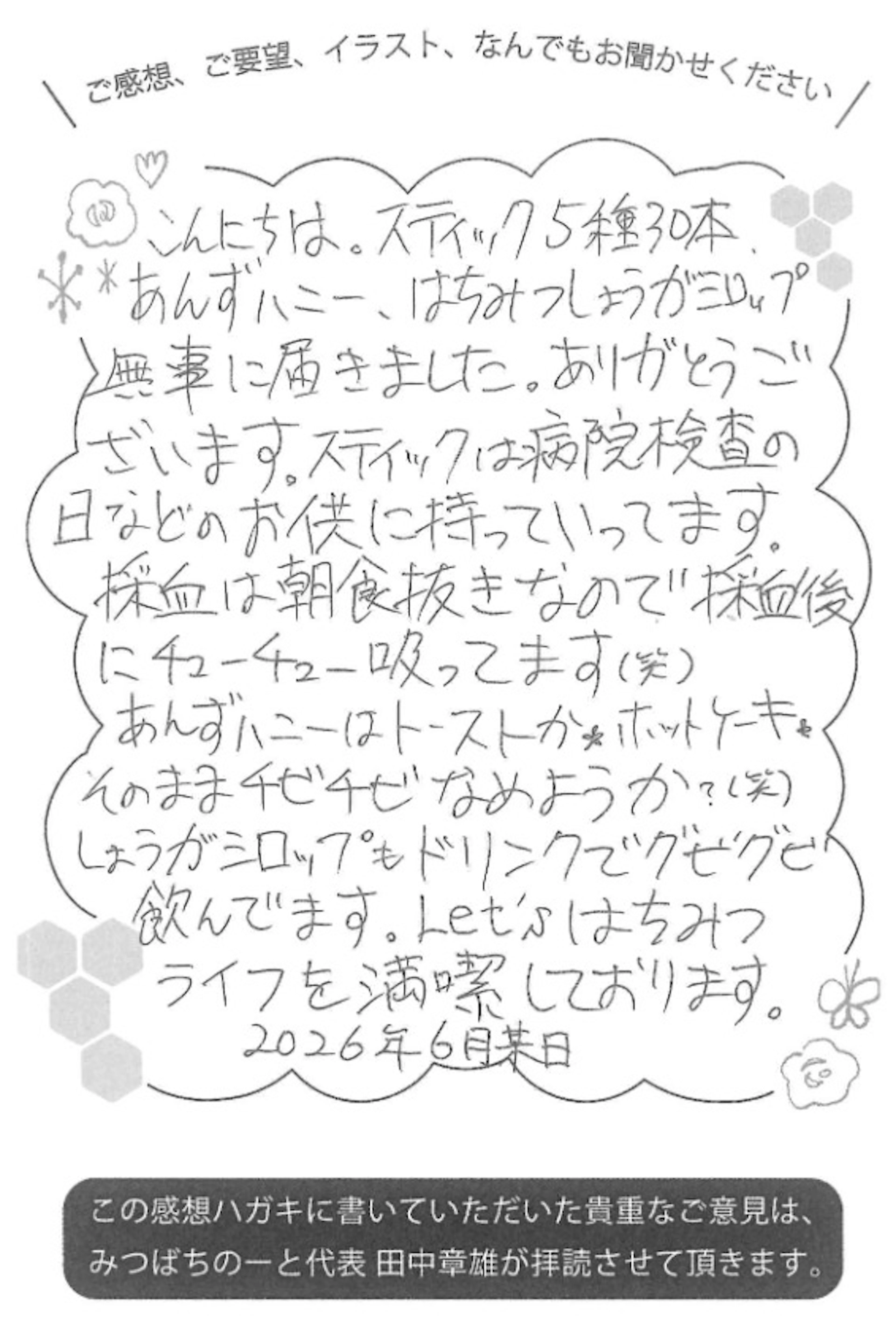 【お客様の声ハガキ】はちみつライフを満喫しております(K.T.様)